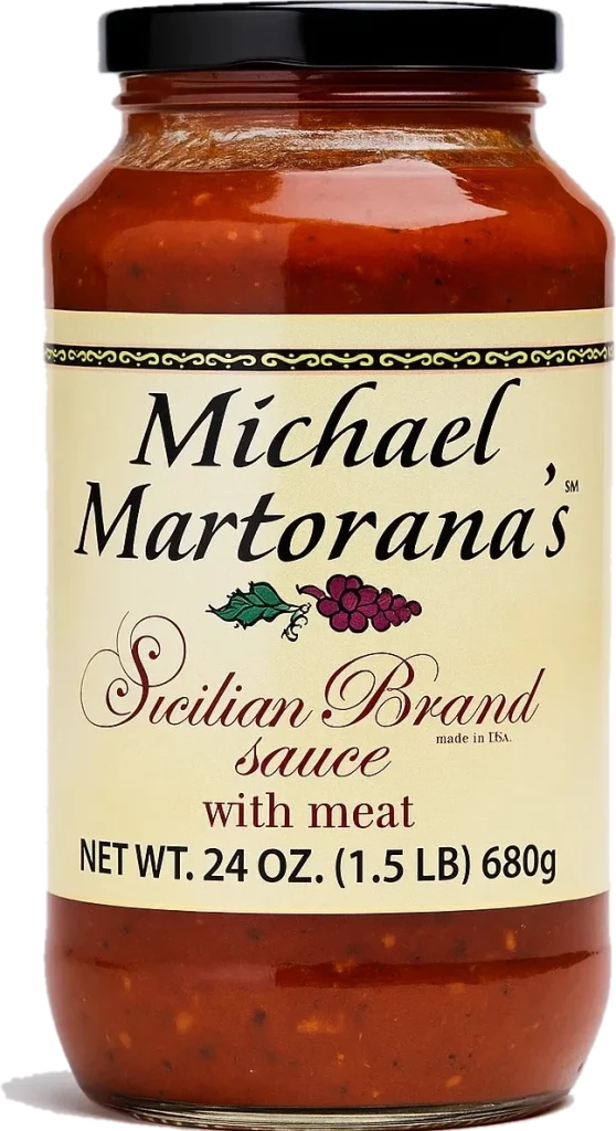 A 24 oz jar of Michael Martorana's Sicilian Brand sauce with meat