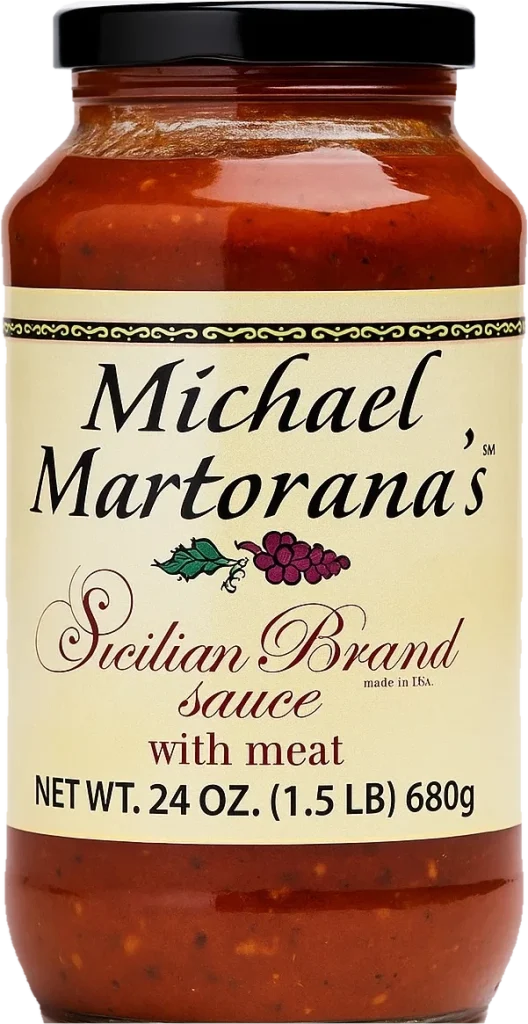 A 24 oz jar of Michael Martorana's Sicilian Brand sauce with meat